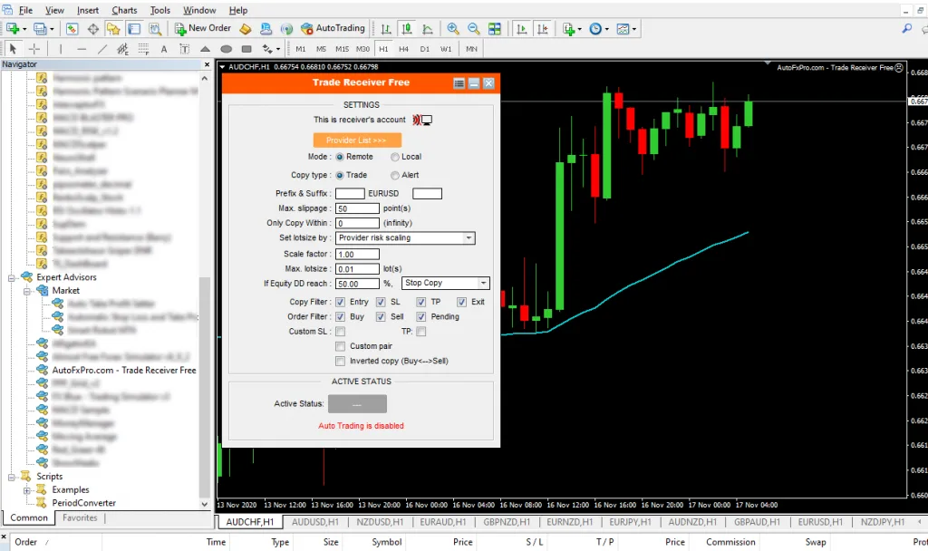 MT4 with the Trade Receiver Free copier window open over a chart, showing the Provider List button and the recommended settings