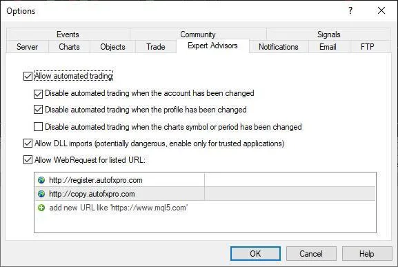 The MT4 Options window on the Expert Advisors tab, with every box checked and register.autofxpro.com and copy.autofxpro.com added as allowed URLs