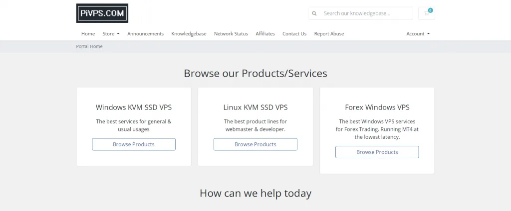 The PiVPS.com portal home page